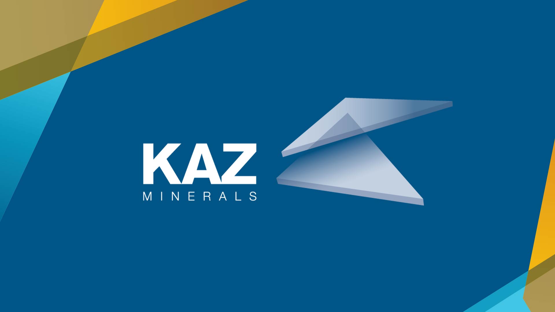 Kaz Minerals logo in white, set upon a blue background. Small triangular details surround two of four corners in yellow and light blue. 