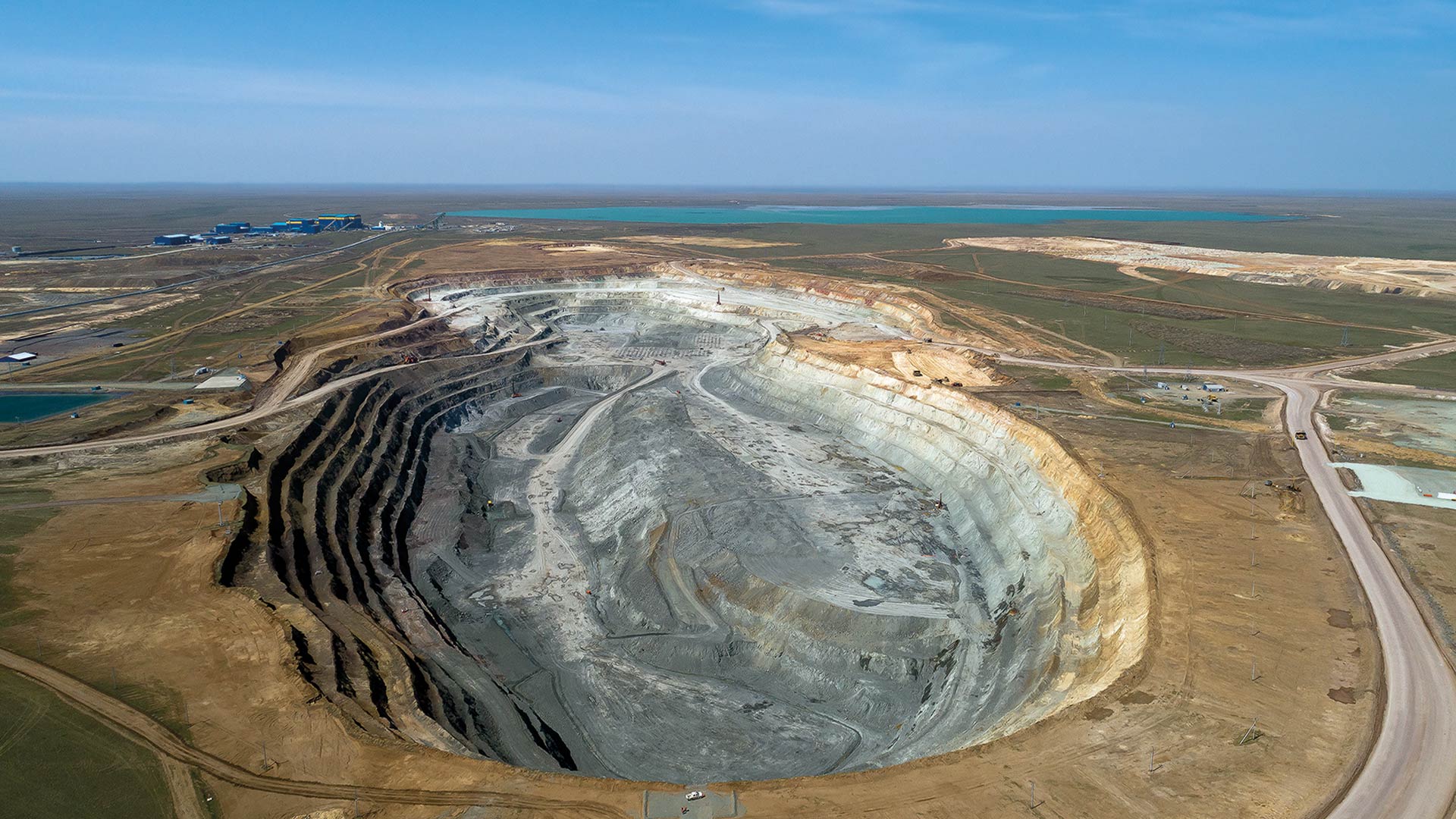 Aerial drone style view of Bozshakol mining location, land, and surrounding areas. 